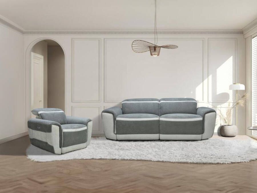 Zitbank met 3 plaatsen en elektrische relaxfauteuil in donkergrijze stof – ORIETTO L 202 cm x H 95 cm x D 87 cm