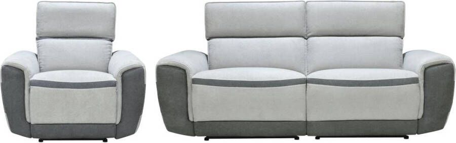Zitbank met 3 plaatsen en elektrische relaxfauteuil in lichtgrijze stof – ORIETTO L 202 cm x H 95 cm x D 87 cm