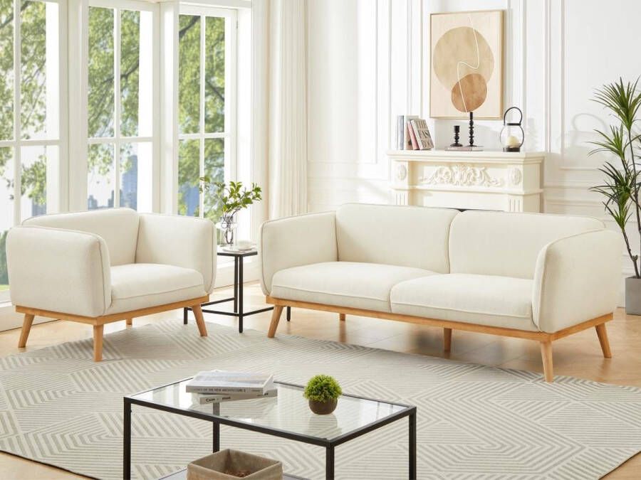 Zitbank met 3 plaatsen en fauteuil in beige textuurstof – FANIRA L 210 cm x H 82 cm x D 82 cm