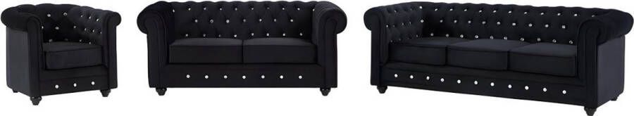 Zitbank met 3 plaatsen zitbank met 2 plaatsen en fauteuil in zwart fluweel met kristalknopen – CHESTERFIELD L 205 cm x H 72 cm x D 88 cm