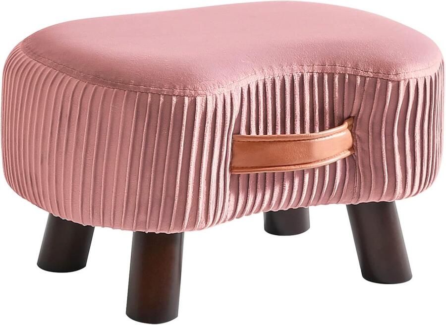 Zitbank met handvat gebogen opstapkruk met zacht zitkussen gevoerde kruk van fluweel massief hout ruimtebesparend voor woonkamer slaapkamer 40 x 28 x 23 cm roze