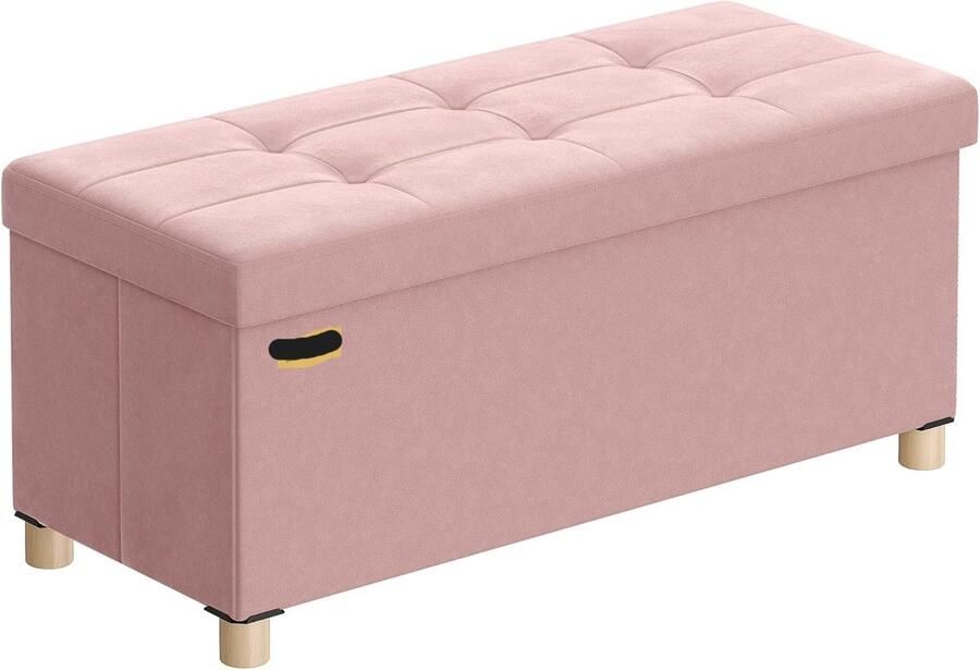 Zitbank met opbergruimte en opvouwbare kruk 38 x 76 x 38 5 cm 77 L opbergdoos met deksel fluweel tot 300 kg belastbaar pastelroze voor hal woonkamer of slaapkamer