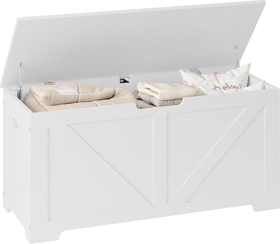 Zitbank met opbergruimte houten kist kistbank met opbergruimte 100 x 47 x 40 cm schoenenbank met zitvlak 2 veiligheidsscharnieren voor hal slaapkamer woonkamer wit