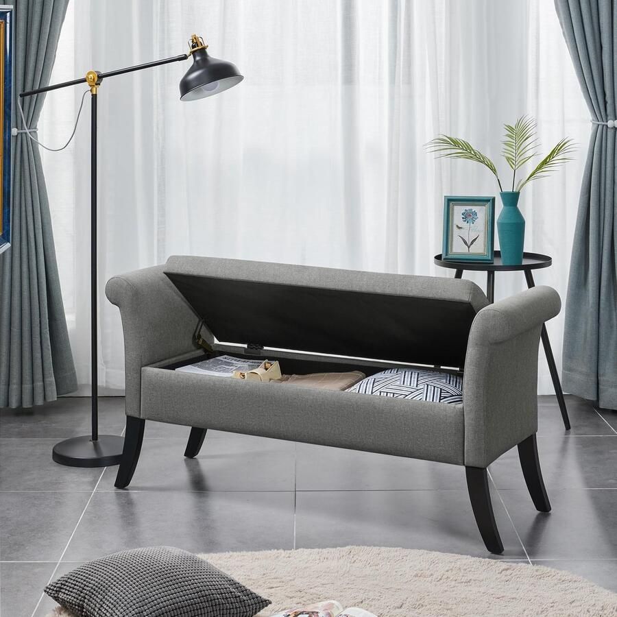 Zitbank met opbergruimte opbergbox zitkruk opvouwbaar zitkist met armleuningen max. belastbaarheid 300 kg stoffen bekleding zithoogte 46 cm lichtgrijs