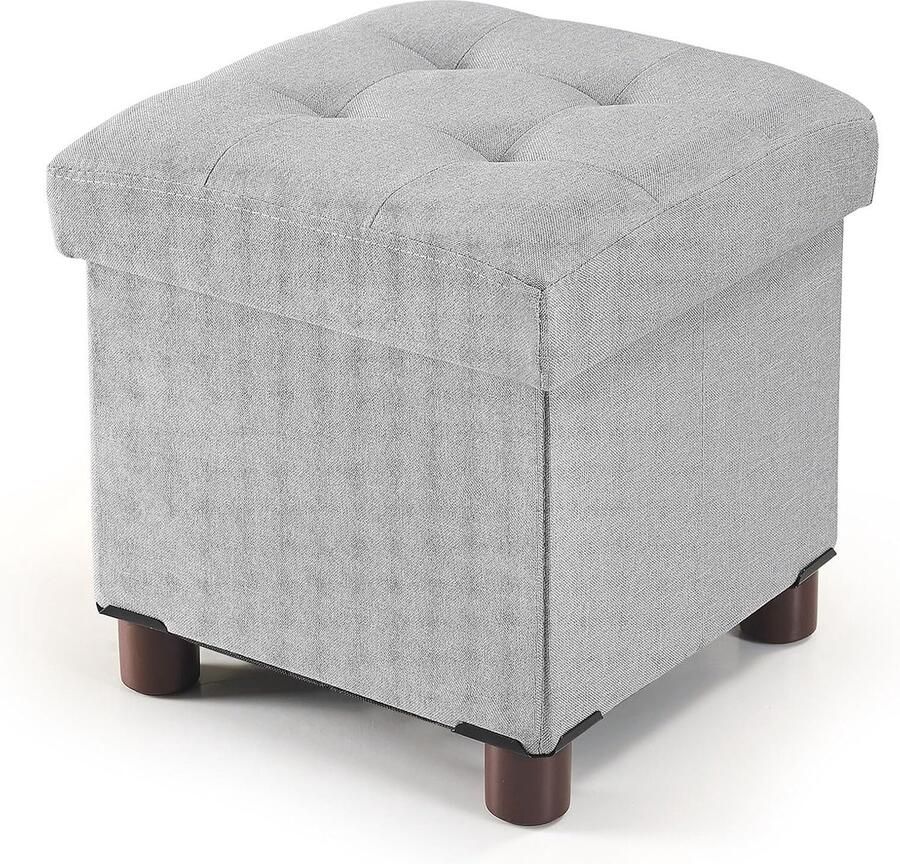 Zitkist kruk voetenbank met opbergruimte en deksel met houten poten lichtgrijs