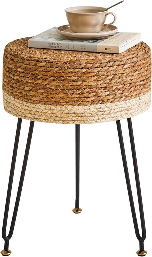 Zitkruk voetenbank van natuurlijk zeegras en metalen poten landelijke stijl handgemaakt voor slaapkamer woonkamer 32 x 32 x 45 cm natuurlijke kleur en wit