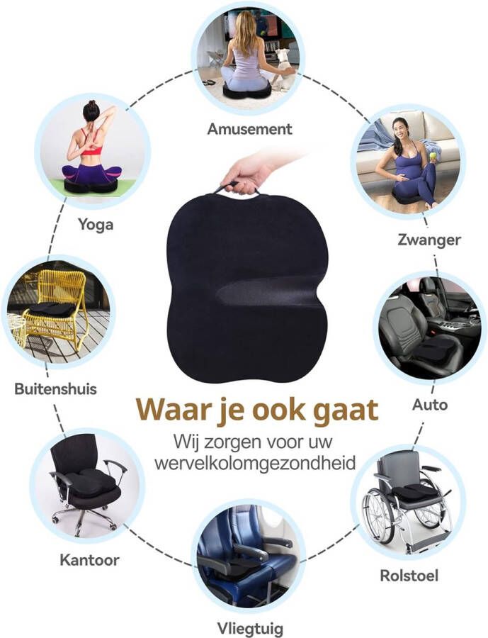Orthopedisch Zitkussen met Traagschuim TravelEase Zitkussen voor Pijn in de Onderrug en Ischias Stuitje Geschikt voor Bureaustoel Autostoel Rolstoel (Zwart)