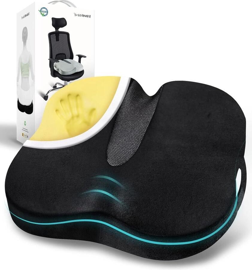 Zitkussen orthopedische Traagschuim TravelEase voor Pijn in de Onderrug en Ischias Stuitje Geschikt voor Bureaustoel Autostoel Rolstoel-Zwart zitkussen orthopedische
