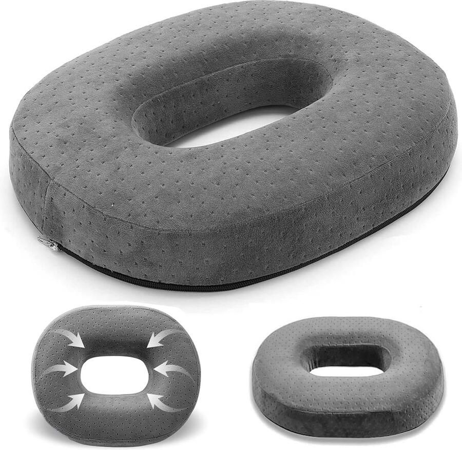 Zitkussen rond zitring stuitbeenontlasting 38 x 30 x 7 cm traagschuim stoelkussen donutkussen voor kantoor auto bank bureaustoel hulp bij aambeien tussenwervelschijven grijs