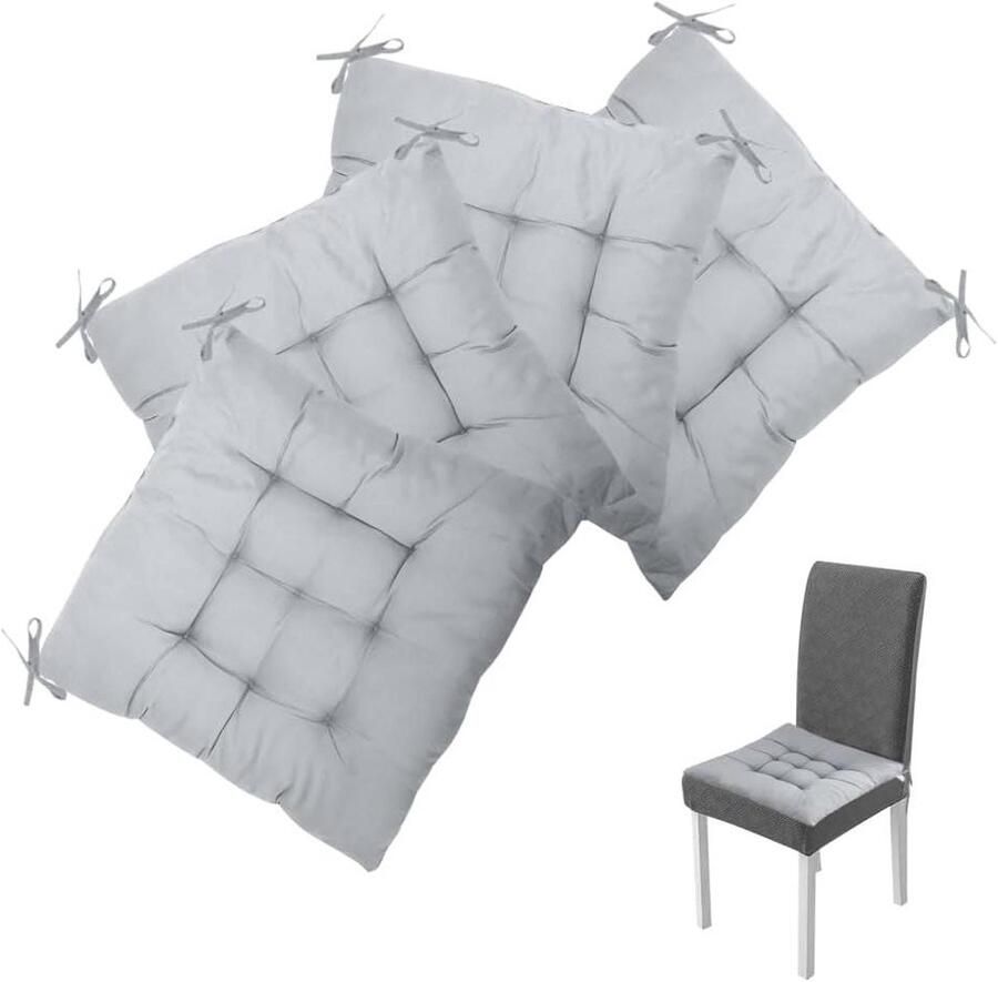 Allecto plus Stoelkussens set van 4 Grijs 40 x 40 cm Met banden Wasbaar Geschikt voor binnen en buiten Zitkussen voor bureaustoel eetkamerstoel en tuinstoel