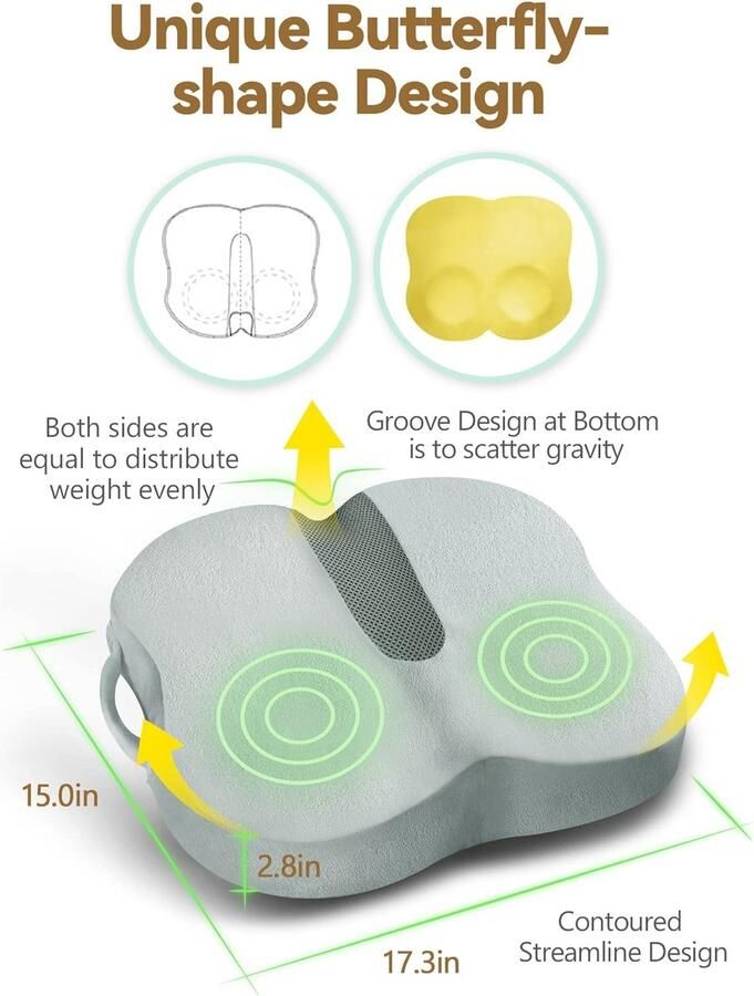 Zitkussen van Traagschuim Ergonomisch Vlindervormig Zitkussen voor Autostoelen Bureaustoel Eetkamerstoel Kontsteunkussen voor Urenlang Zitcomfort(Rokerig Grijs)
