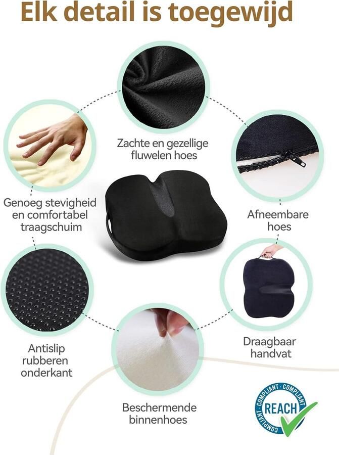 Orthopedisch Zitkussen met Traagschuim Zitkussen voor Pijn in de Onderrug en Ischias Stuitje Geschikt voor Bureaustoel Autostoel Rolstoel (Zwart)