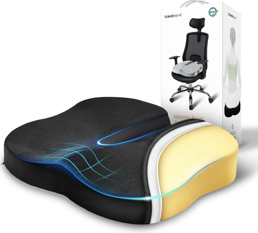 Zitkussen van Traagschuim Zitkussen in Vlindervorm voor Urenlang Zitcomfort Steunkussen voor Bureaustoel Autostoel Eetkamerstoel (Carbon Zwart)