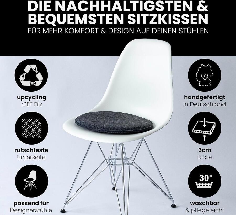 Zitkussen vilt Made in Germany stoelkussen vilt kussen stoel zitkussen stoel antraciet (rond grijs 1 stuks)