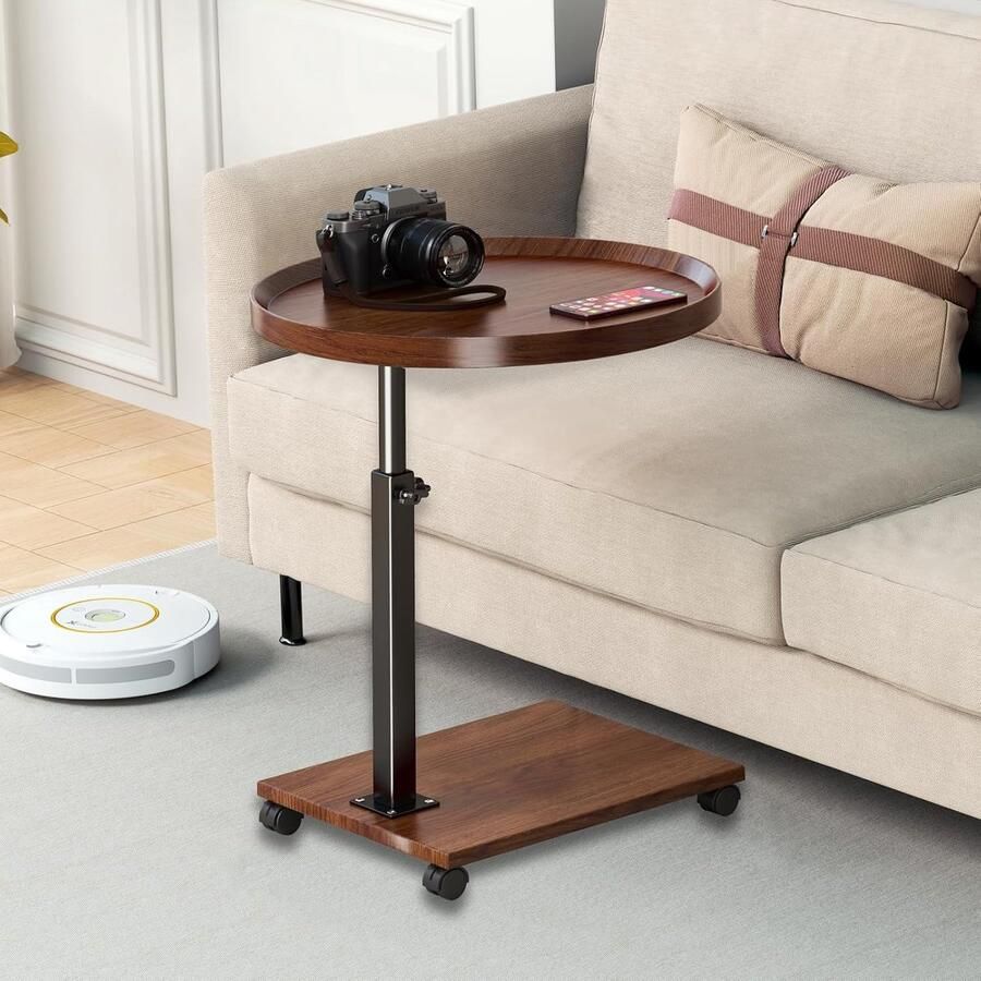 Bijzettafel C-vorm in hoogte verstelbaar kleine salontafel houten banktafel C-vorm bijzettafel voor bank moderne mobiele koffietafel zijtafel voor woonkamer en slaapkamer (rond)