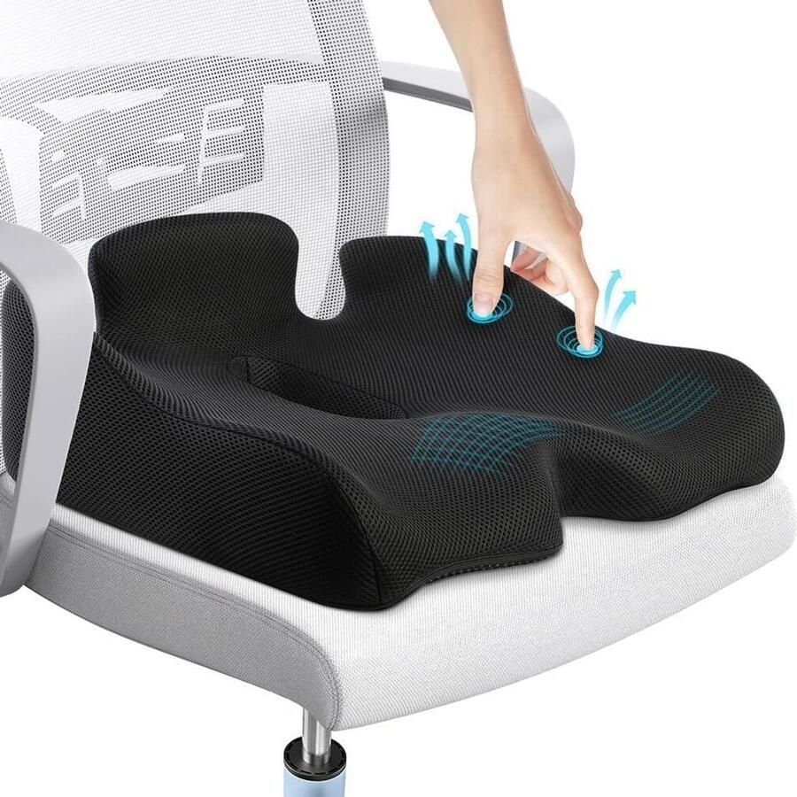 Zitkussen voor bureaustoel Ischias en Rugpijnverlichting Geheugenschuim Stevig Stuitbeenkussen voor Auto Rolstoel Gamingstoel Zwart