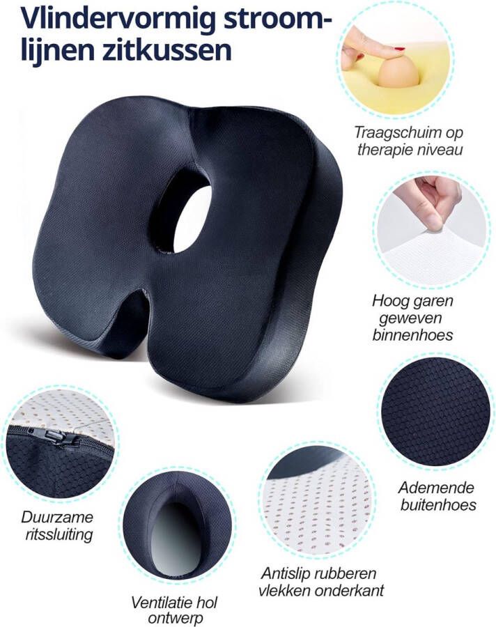 Zitkussen voor Ischias en Aambeien Verlichting en Iage Rugpijn Traagschuim Antislip Zitkussen voor Auto Rolstoel Bureaustoel (Zwart)