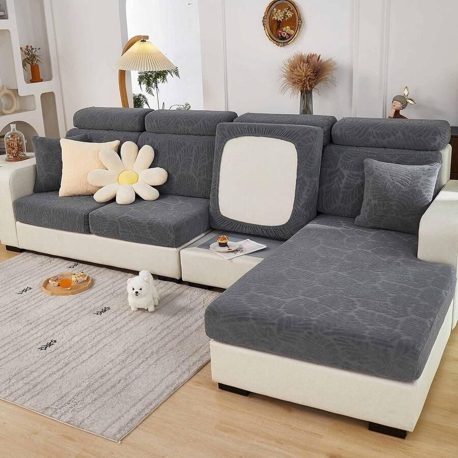 Zitkussenhoezen voor 3-zits bank Rekbare bankkussen hoezen Bladerpatroon grijs