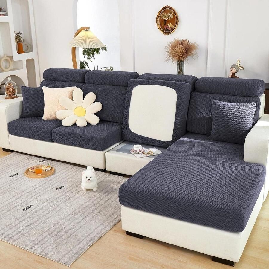 Zitkussenhoezen 3-zits sofa rekbare bankhoezen hoesvervanging meubelbeschermer weefpatroon donkergrijs