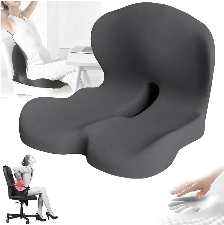 Zitkussens van traagschuim ergonomisch L-vormig lendenkussen verlichting van ischiaspijn in de rug kussen voor zitvlak en rugondersteuning voor kantoorstoelen lange zitverhoger voor auto-vrachtwagenchauffeur zwart