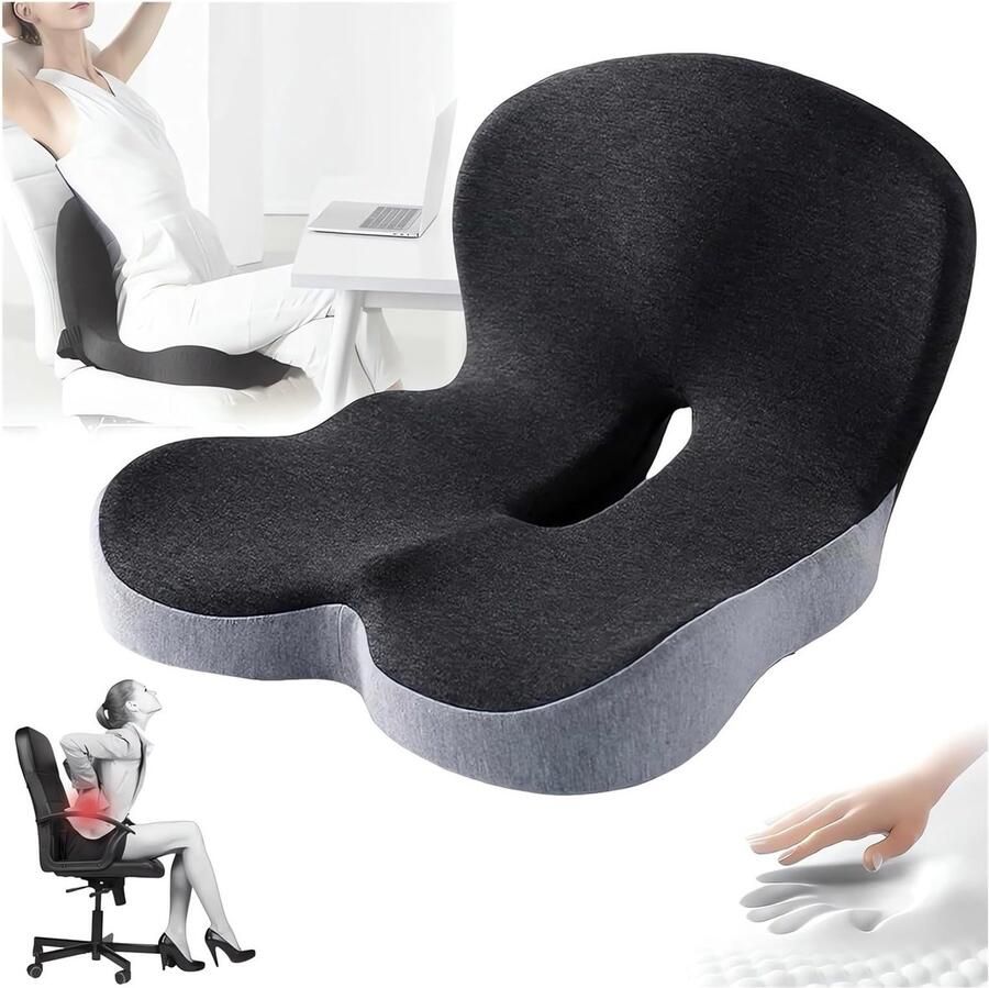 Zitkussens van traagschuim ergonomisch L-vormig lendenkussen verlichting van ischiaspijn in de rug kussen voor zitvlak en rugondersteuning voor kantoorstoelen lange zitverhoger voor auto-vrachtwagenchauffeur grijs zwart