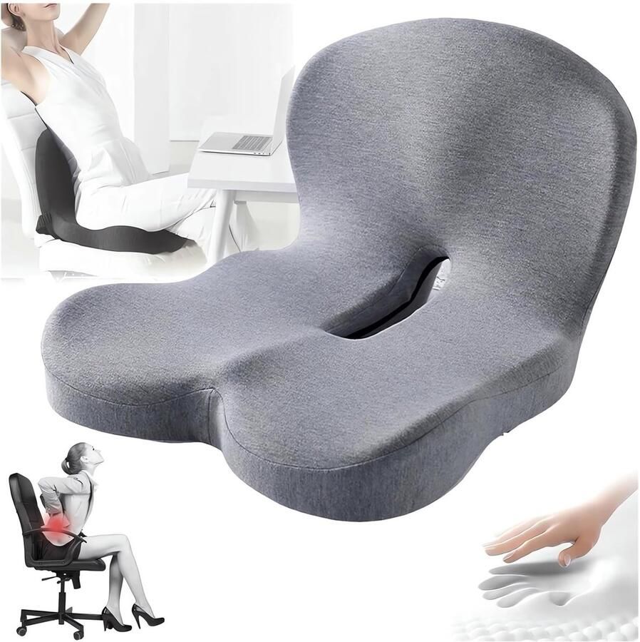 Zitkussens van traagschuim ergonomisch L-vormig lendenkussen verlichting van ischiaspijn in de rug kussen voor zitvlak en rugondersteuning voor kantoorstoelen lange zitverhoger voor auto-vrachtwagenchauffeur grijs