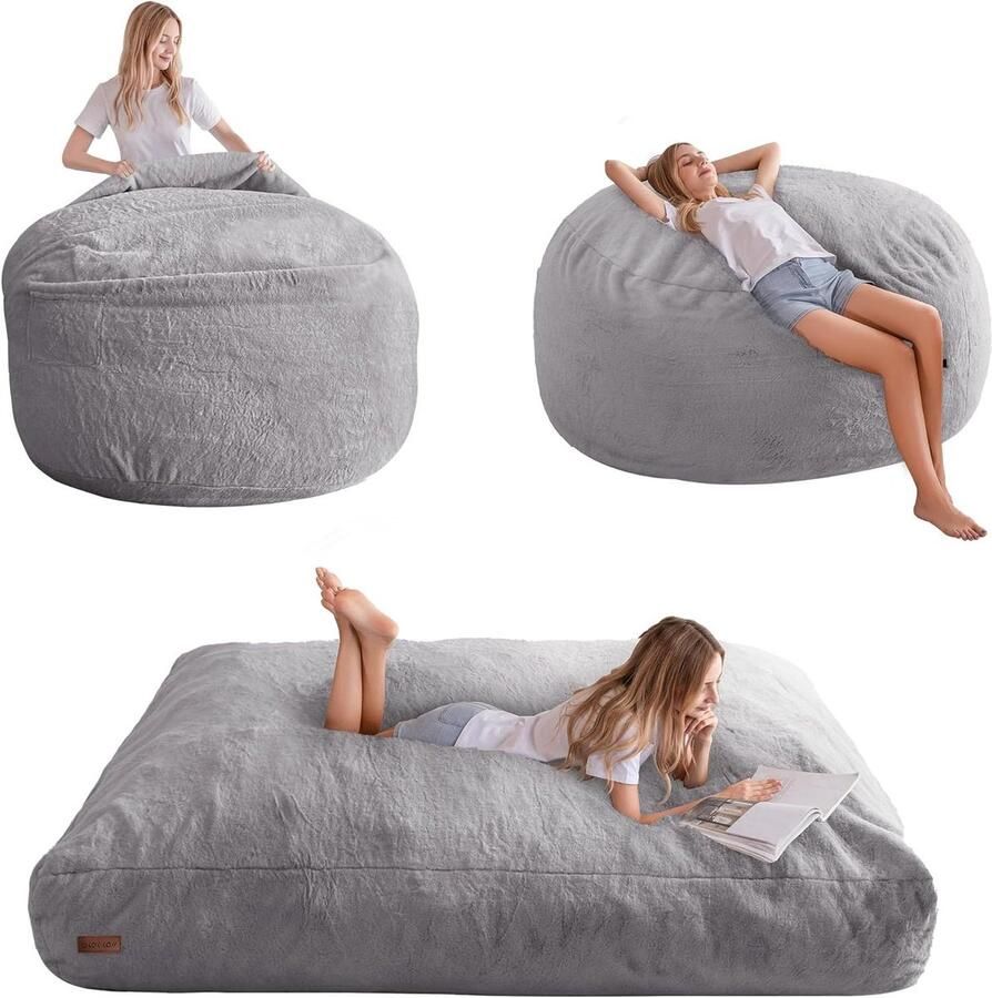 Bean Bag Bed Convert from Bean Bag to Bed Foam Bench with Shaggy Cover and Fluffy Filling for Adults Teenagers and Guests Grey 150 x 200 cm