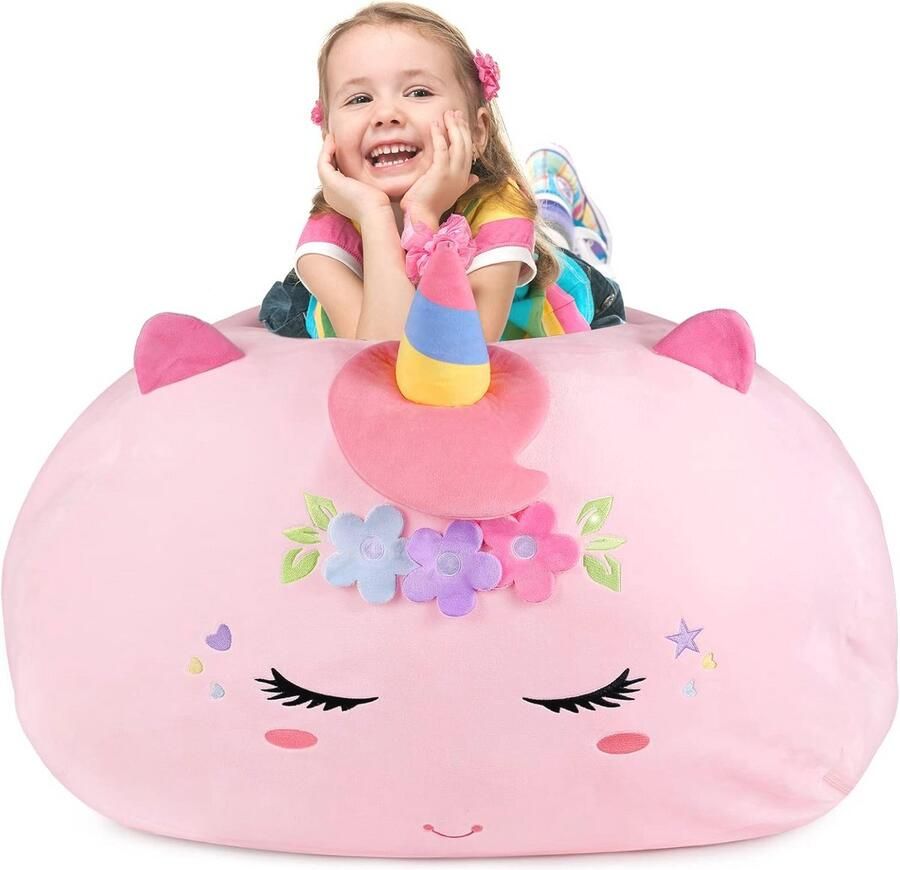 Zitzak opberghoes voor knuffeldier Eenhoorn 200 l XXL Speelgoed opbergzak voor kinderkamer Grote eenhoorn Vulbare zitzak met ritssluiting voor organiseren Roze