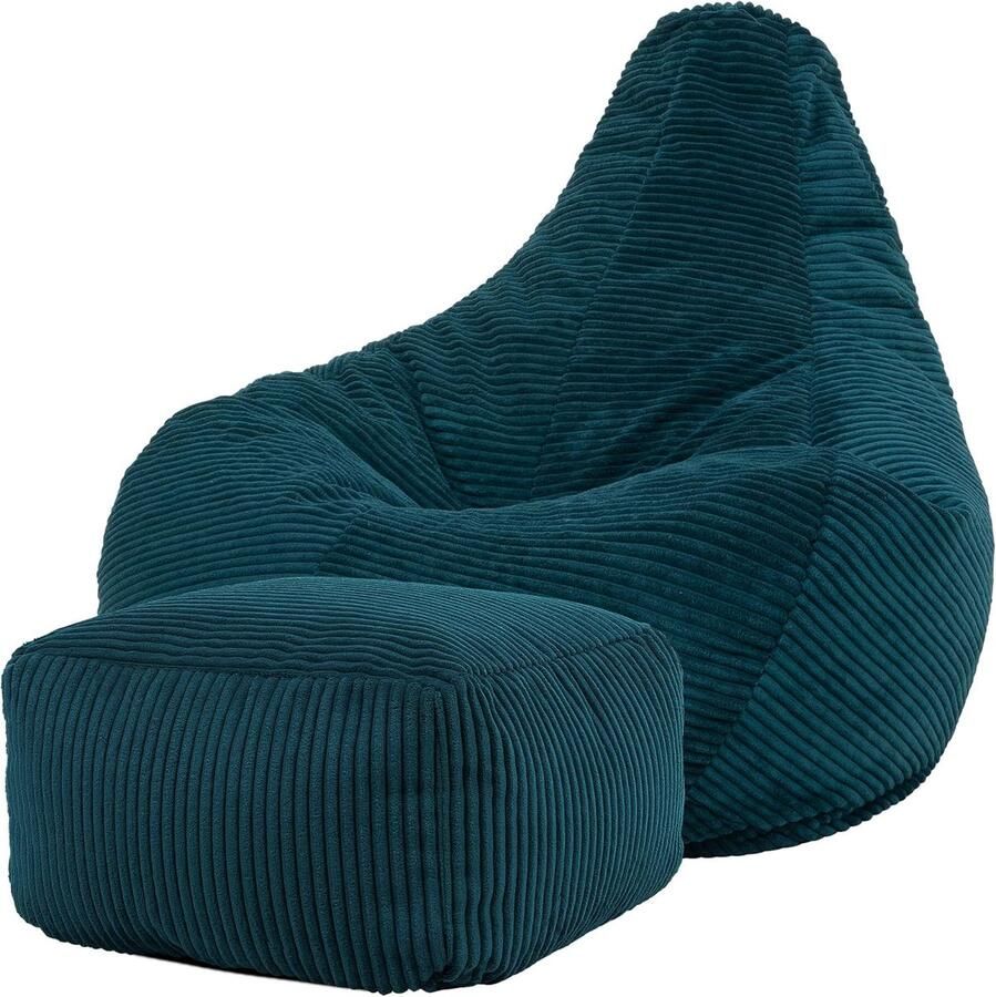 Zitzak met Hocker in Blauwgroen Corduroy Stof Ergonomische Fauteuil voor Volwassenen