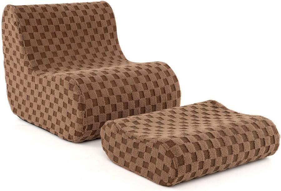 Zitzak met Voetenbank – Comfortabele Teddyfluwelen Stoel met Elastische Sponsvulling Afneembare en Machinewasbare Hoes Antislip Onderkant Bruin