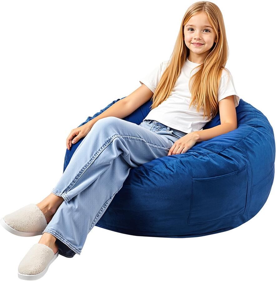 Zitzak Rond 3 Voeten Afneembare en Wasbare Hoes. Gevuld met 25D Traagschuim Zacht Nederlands Fluweel. Ideaal voor Slaapkamers of Speelkamers Blauw