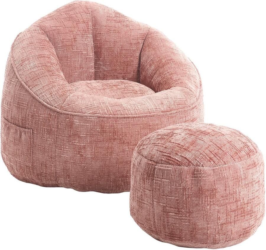 Zitzak Stoel met Voetensteun Beanbag in Luxe Chenille Stof Hoge Druk Schuimvulling Ergonomisch Ontwerp 89x88x76 cm Roze