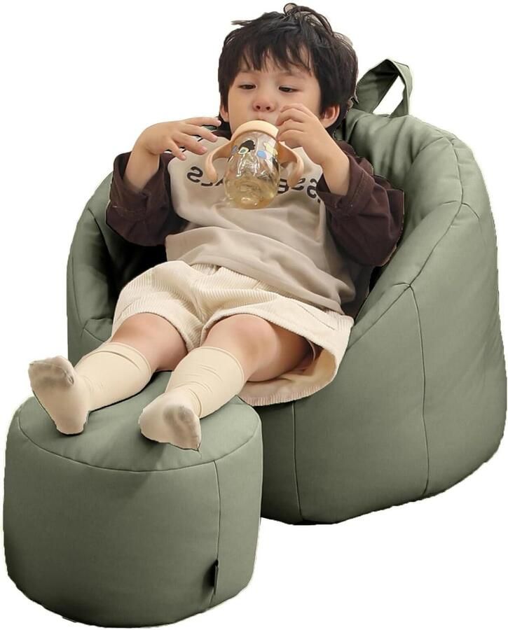 Zitzak voor kinderen met voetensteun van duurzaam en onderhoudsvriendelijk leer Ergonomische relaxbank voor kinderkamer of speelkamer (Groen)