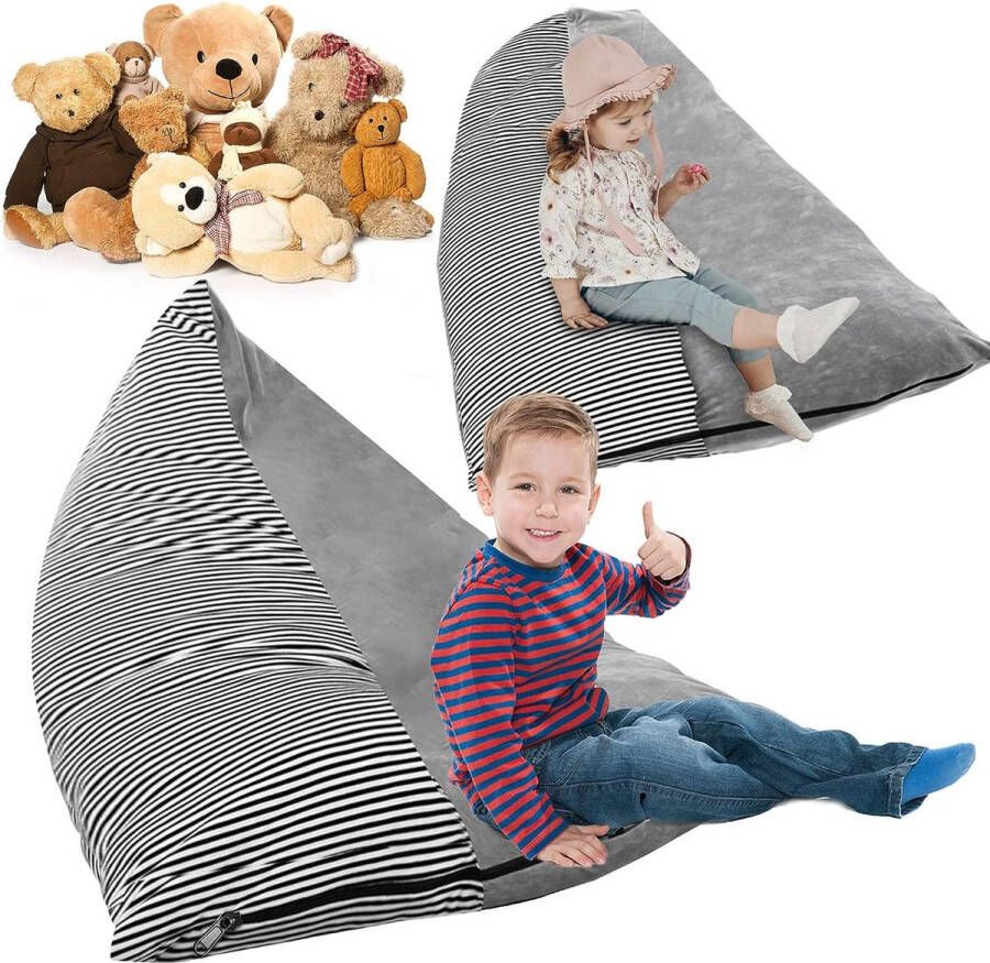 Zitzak voor kinderen speelgoed organizer voor knuffeldier opvouwbare opbergtas extra groot 200 liter zitzakken stoelen bankzitting (strepen)