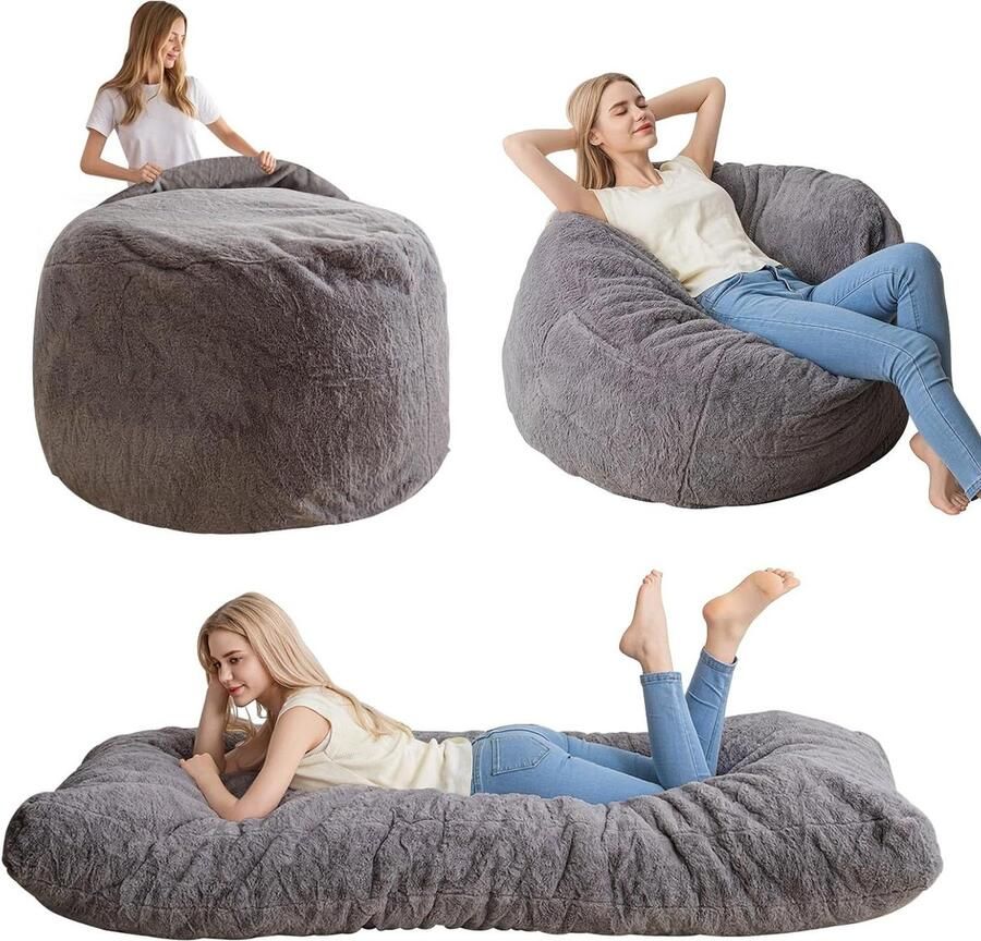 Zitzakbed om te toveren tot schuimbank Ruige overtrek en pluizige vulling Antraciet eenpersoonsbed