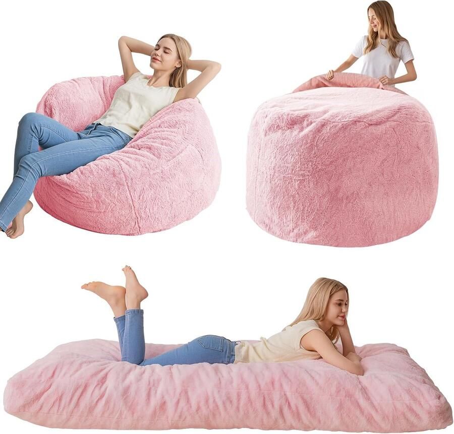 Zitzakbed om te zetten in bed schuimbank met ruige overtrek en pluizige vulling roze eenpersoonsbed