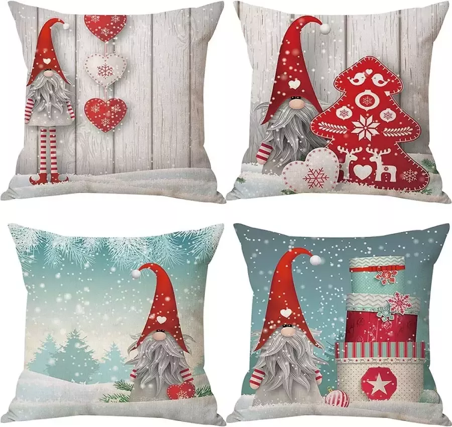 Zivisk Kerstmis Gonk Kussenhoezen 45 x 45 cm Set van 4 kerstversiering Zweedse kabouter kussenhoezen 18 x 18 inch voor binnen huis kantoor bank slaapkamer auto winter feestdagendecoratie cadeau