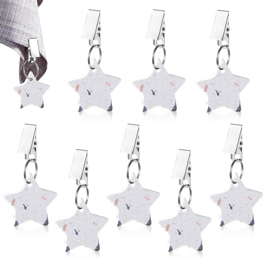 ZJILIXIA 8 stuks tafelkleedklemmen stervormige tafelkleedgewichten voor buiten gemaakt van natuursteen hangers met stenen tafelkleedgewichten en clips voor feest bruiloft tafeldecoratie