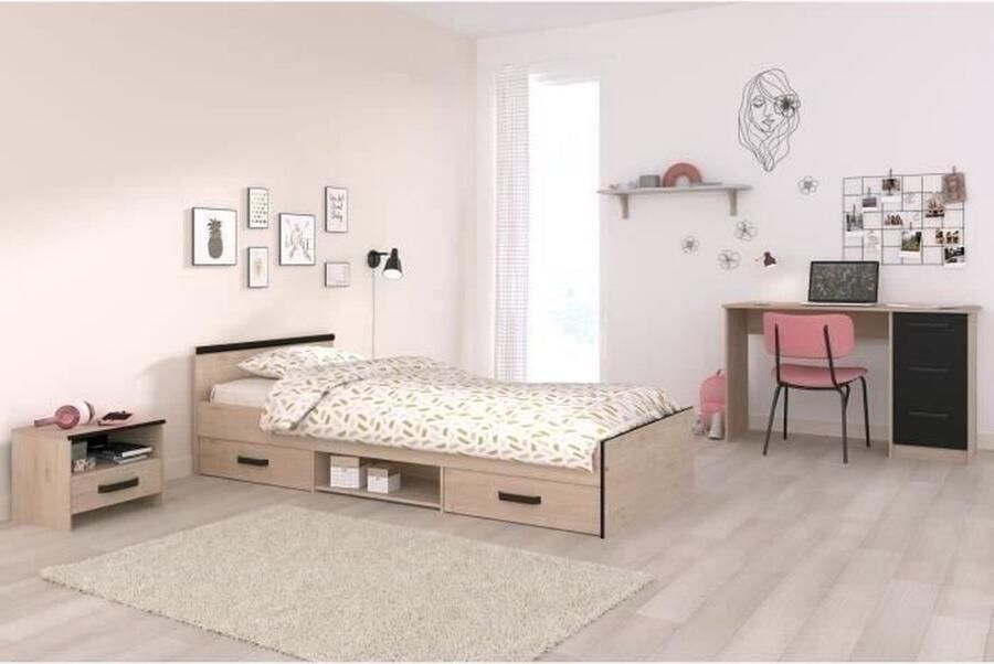 ZODIAC 3-delige complete kinderkamer Bed + nachtkastje + bureau Decor eiken zwart PARISOT