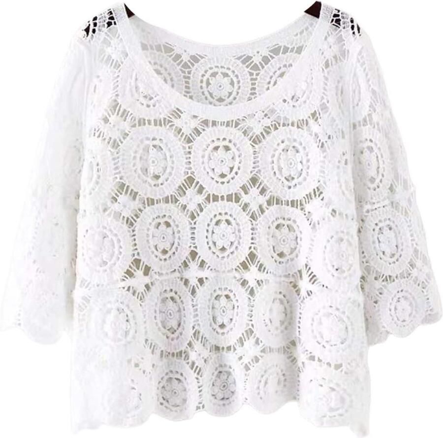 Zomer Boho Gehaakt 3 4 Mouw T-Shirt met Bloemenpatroon en Holle Uitstraling in wit Strandblouse Cover-Up One Size
