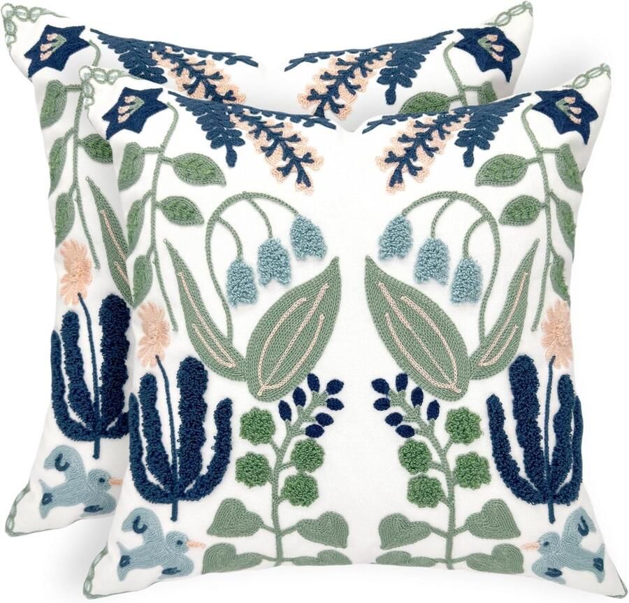 Zomerse decoratieve sierkussenhoezen met geborduurde bloemen 45 x 45 cm set van 2 marineblauwe bloemen groene bladeren getuft patroon katoenen kussenhoezen voor op de bank bed en woonkamerdecoratie