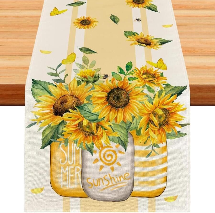 Zomerse tafelloper 33 x 183 cm linnen zonnebloem ontwerp