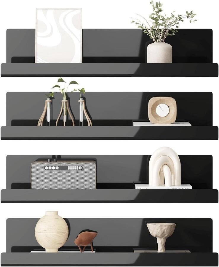 Zonder Boren Zwevend Zwart Wandrek Set Van 4 Acryl Planken Voor Boeken en Foto's Woondecoratie Wandplank voor Keuken Badkamer Kantoor Woonkamer (32 x 10 x 8 cm)