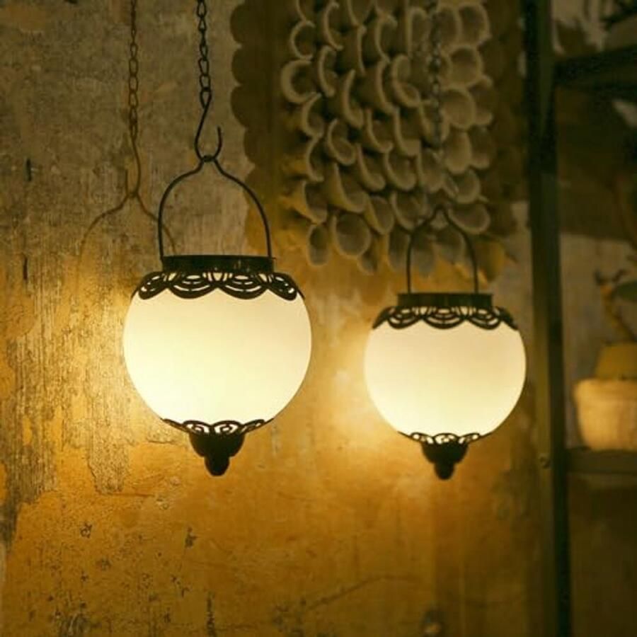 Zonne-energie Lantaarns voor Buiten 2 Stuks IP65 Waterdicht Hangende LED Metalen Lampen