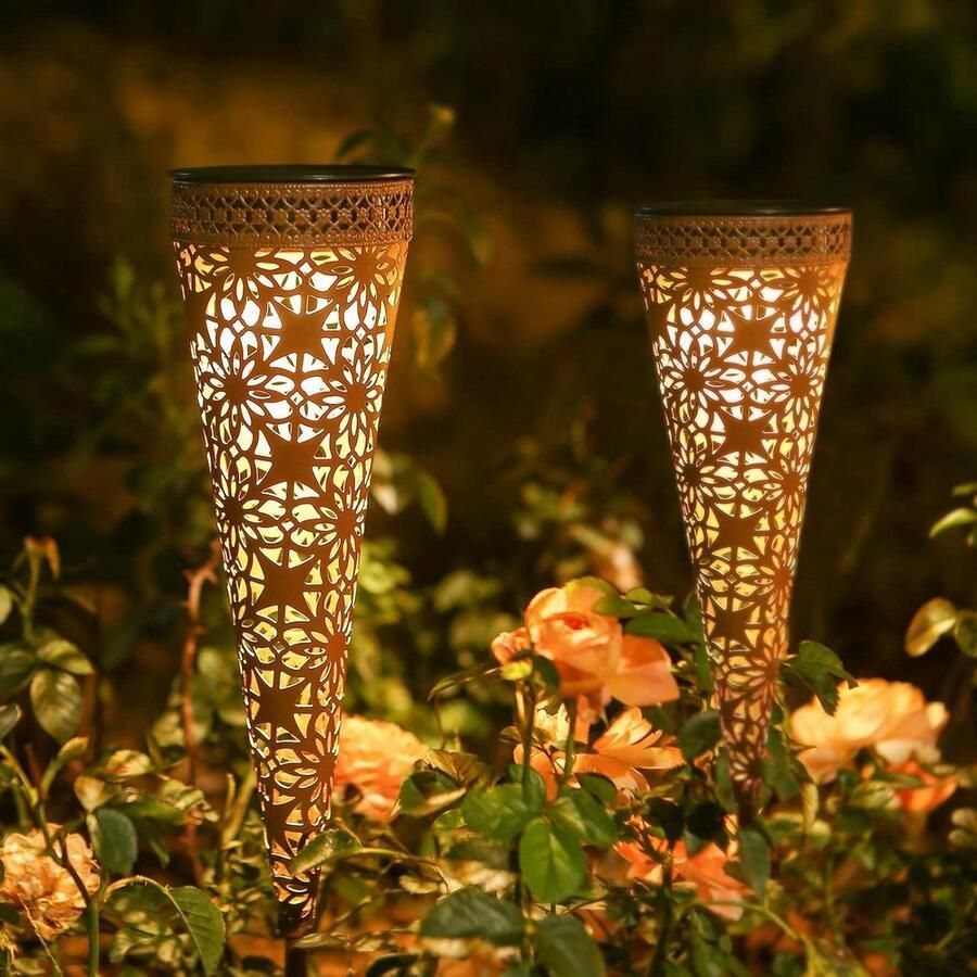 Zonnelampen op zonne-energie voor in de tuin 2 stuks metalen tuindecoratie lampen LED-tuinverlichting warmwit IP65 waterdicht voor balkon bloembakken gazon weg Kerstmis retro