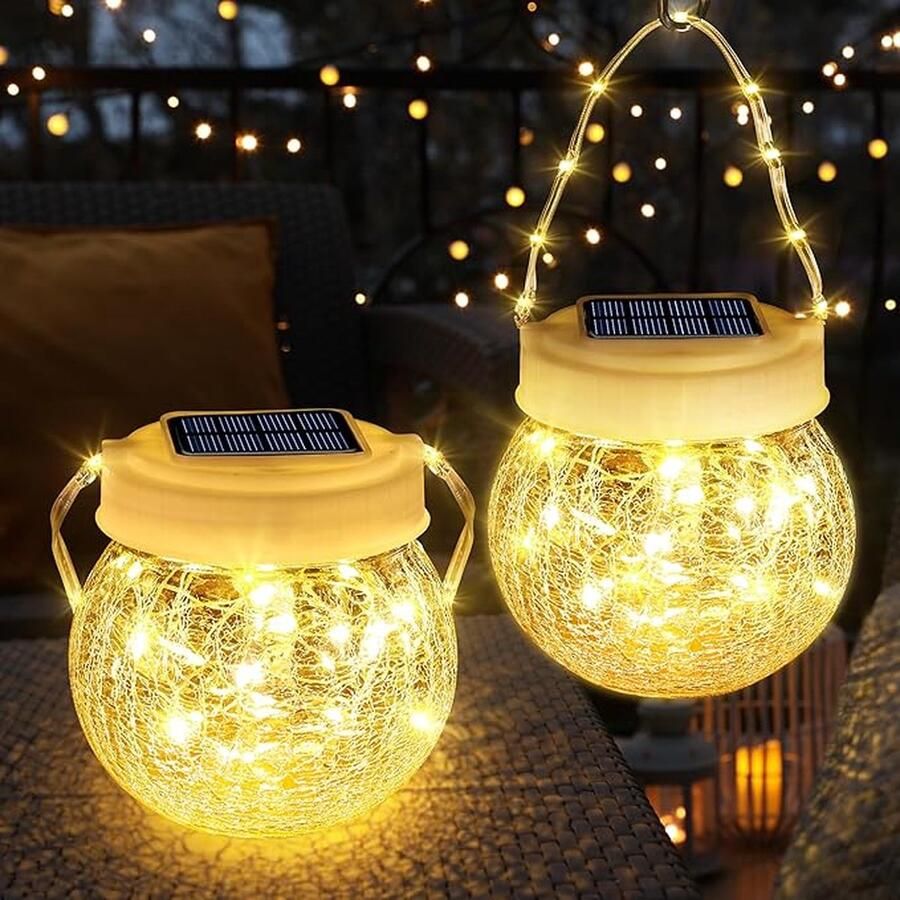 Zonnelampen voor Buitentuin 2 Stuks Zonne glas Lantaarnverlichting 40 LED Hangende Glazen Lantaarn Waterdicht Zonne licht Glazen Bollen Tafellamp voor Terras Balkon Bruiloftsfeest Warm Wit