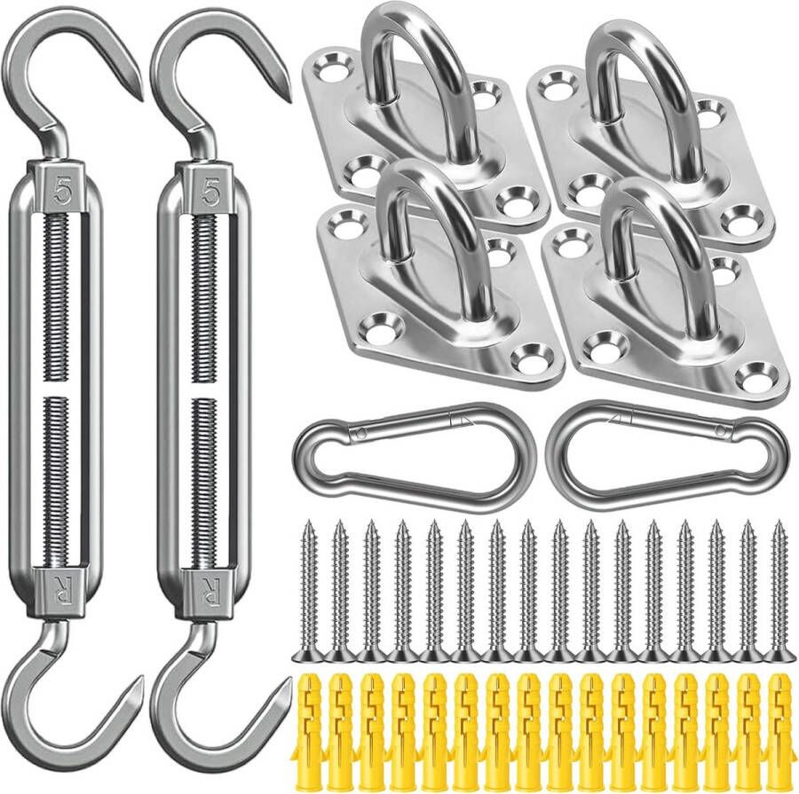 Zonnezeil bevestigingsset M5 hoogwaardig roestvrij staal 304 draagvermogen van 64 kg karabijnhaken klimgespen wandhouders schroeven en kunststof verlengingen inbegrepen