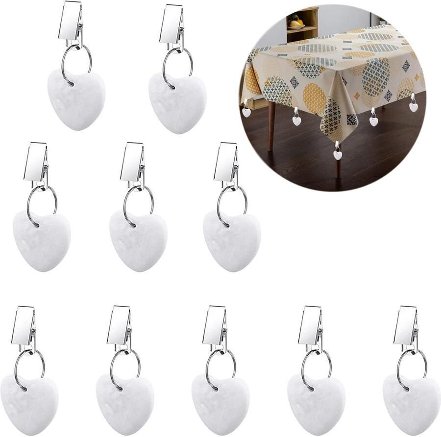ZVO 10 stuks tafelkleedgewichten met clips voor buiten tafelkleedgewichten van natuursteen met clips voor tafelbladen in de tuin picknick feest keuken eetkamer (hart)