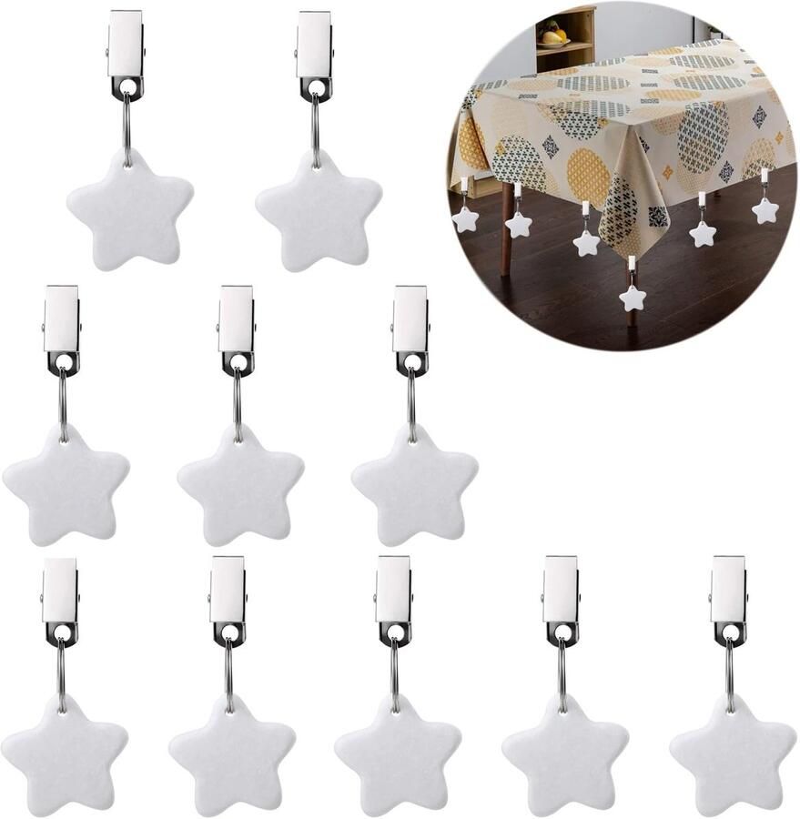 ZVO 10 stuks tafelkleedgewichten met clips voor buiten tafelkleedgewichten van natuursteen met clips voor tafelbladen in de tuin picknick feest keuken eetkamer (ster)