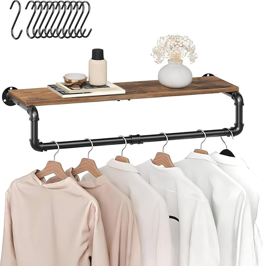 Wandgemonteerde Kledingstang Zware Houten Kledingrek voor Slaapkamer en Keuken Industrieel Design met Plank